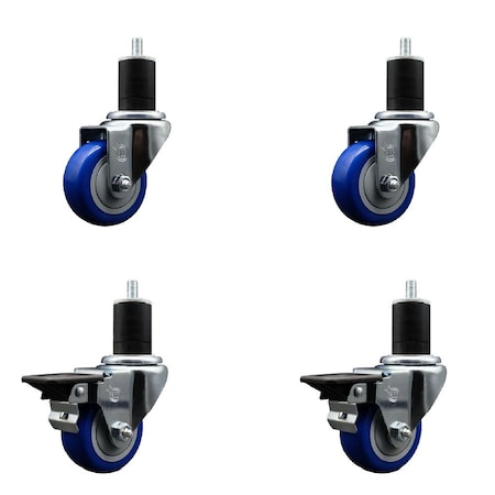 Service Caster 3'' Blue Poly Wheel Swivel 1-3/4'' Expanding Stem Caster Set 2 Brakes, 4PK SCC-EX20S314-PPUB-BLUE-2-PLB-2-134